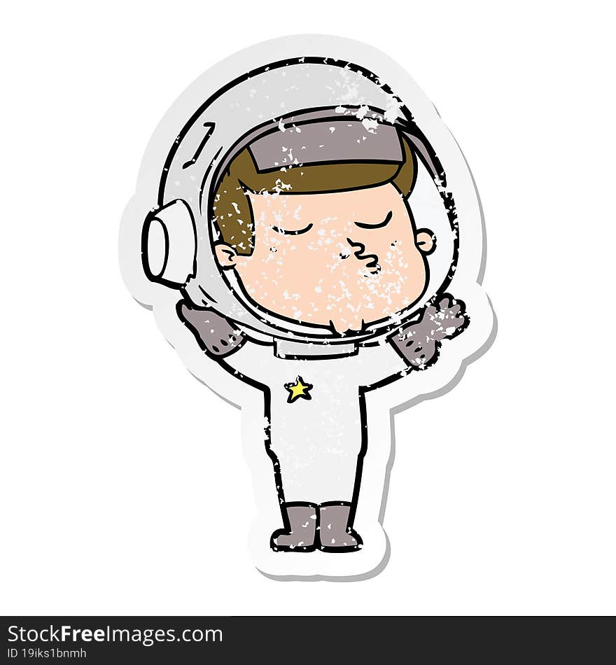 Distressed Sticker Of A Cartoon Confident Astronaut