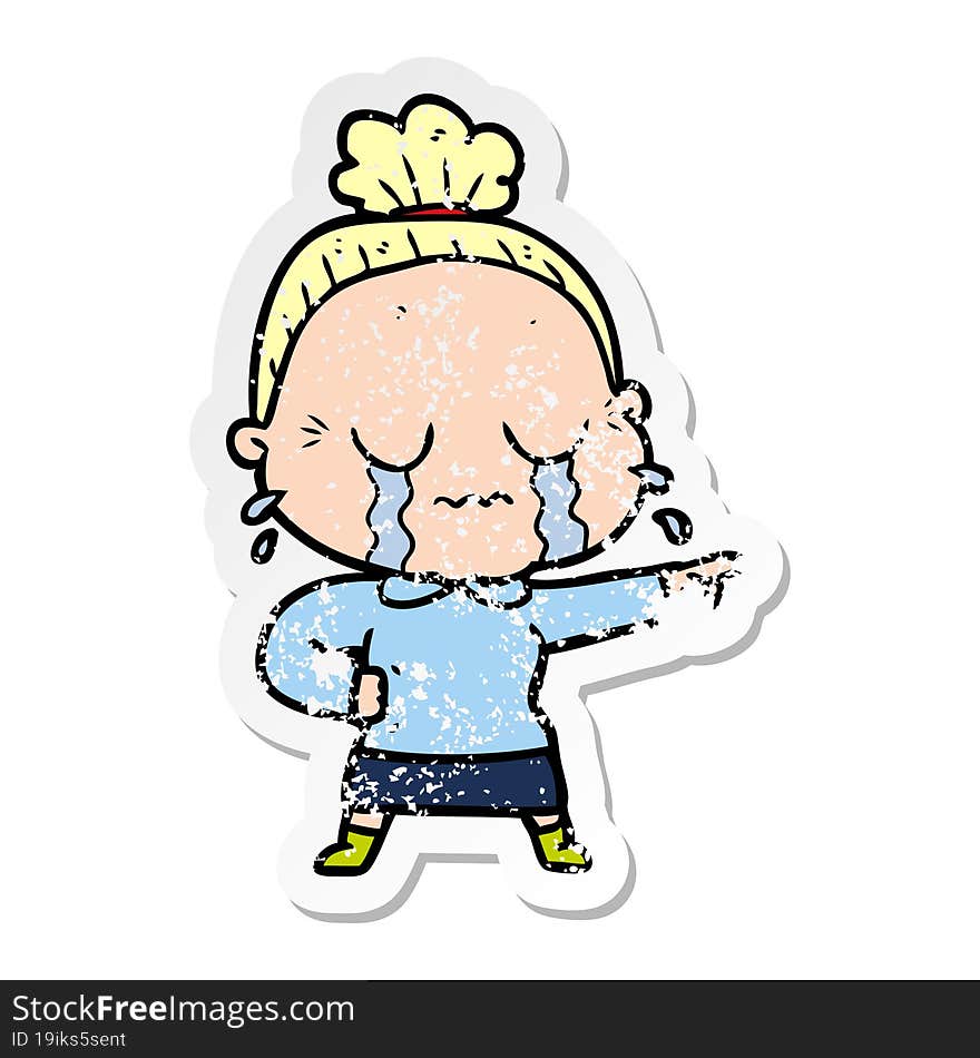 distressed sticker of a cartoon crying old lady