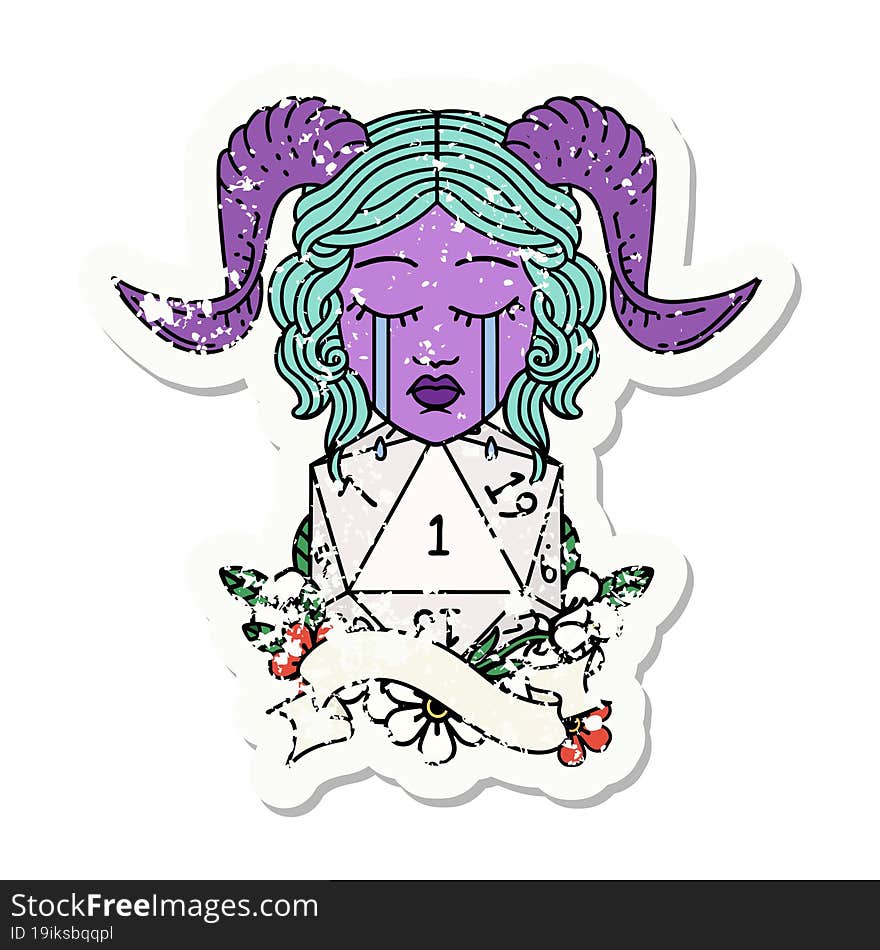 grunge sticker of a crying tiefling with natural one D20 roll. grunge sticker of a crying tiefling with natural one D20 roll