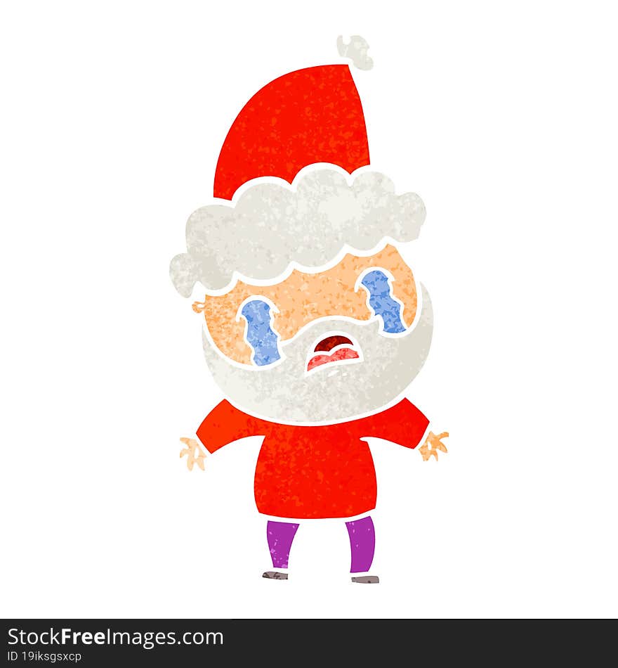 retro cartoon of a bearded man crying wearing santa hat