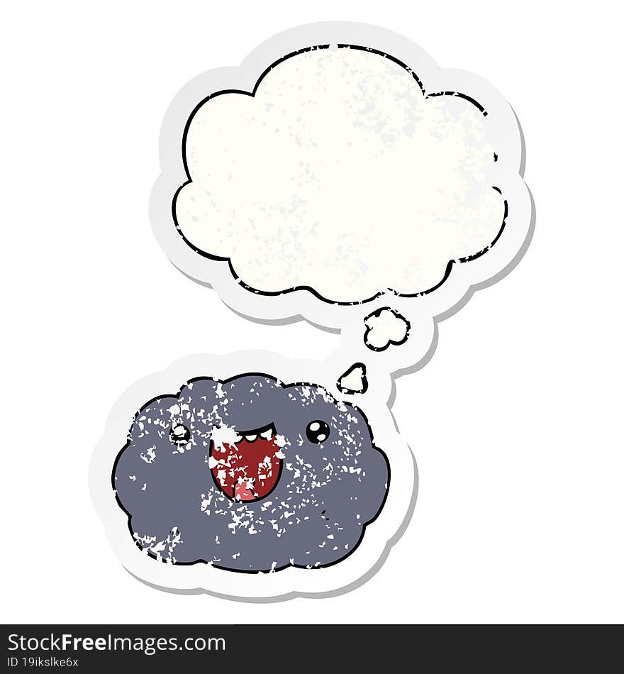 cartoon happy cloud and thought bubble as a distressed worn sticker