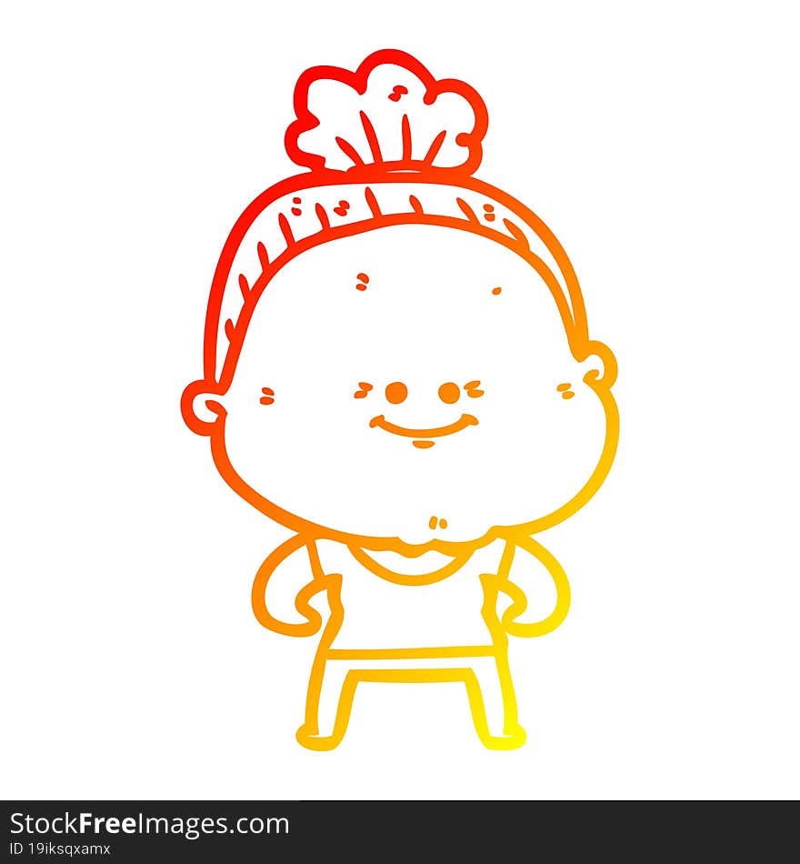 warm gradient line drawing of a cartoon happy old woman