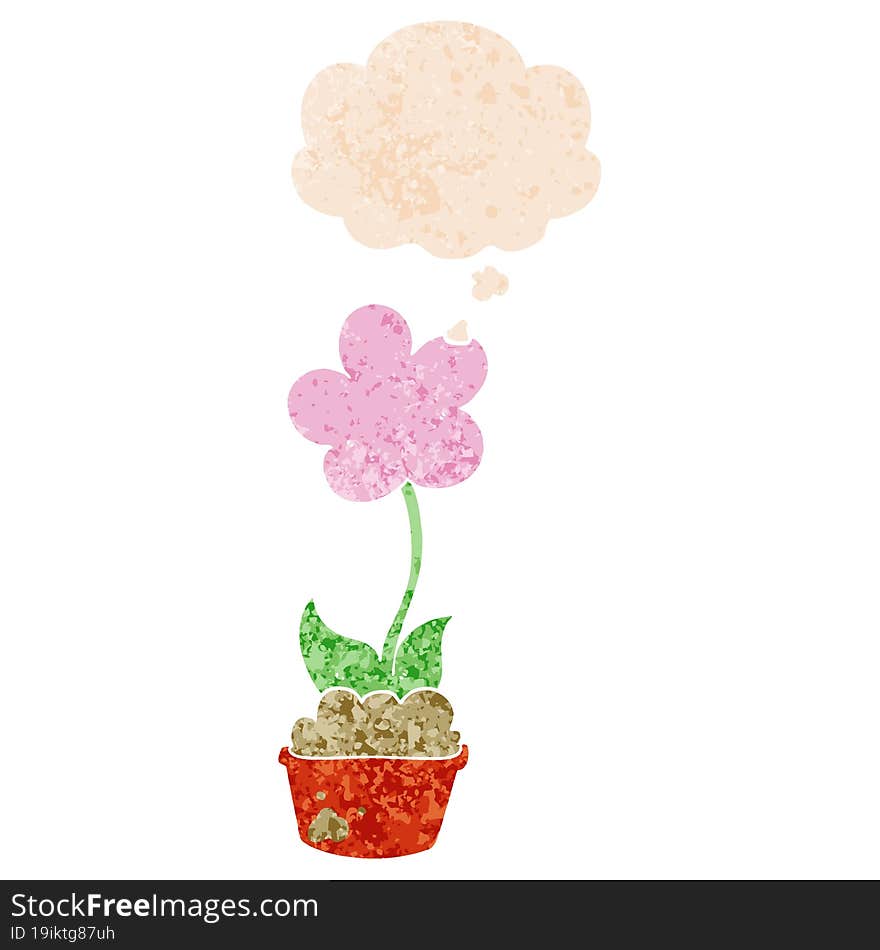 cute cartoon flower and thought bubble in retro textured style