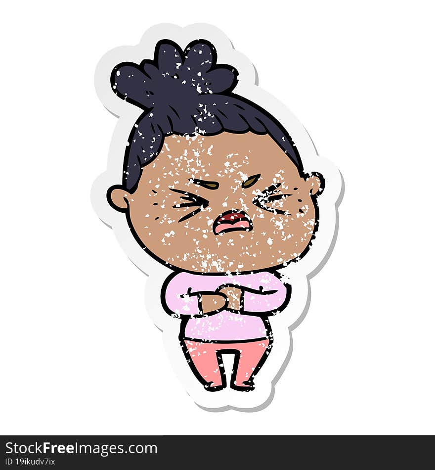 Distressed Sticker Of A Cartoon Angry Woman