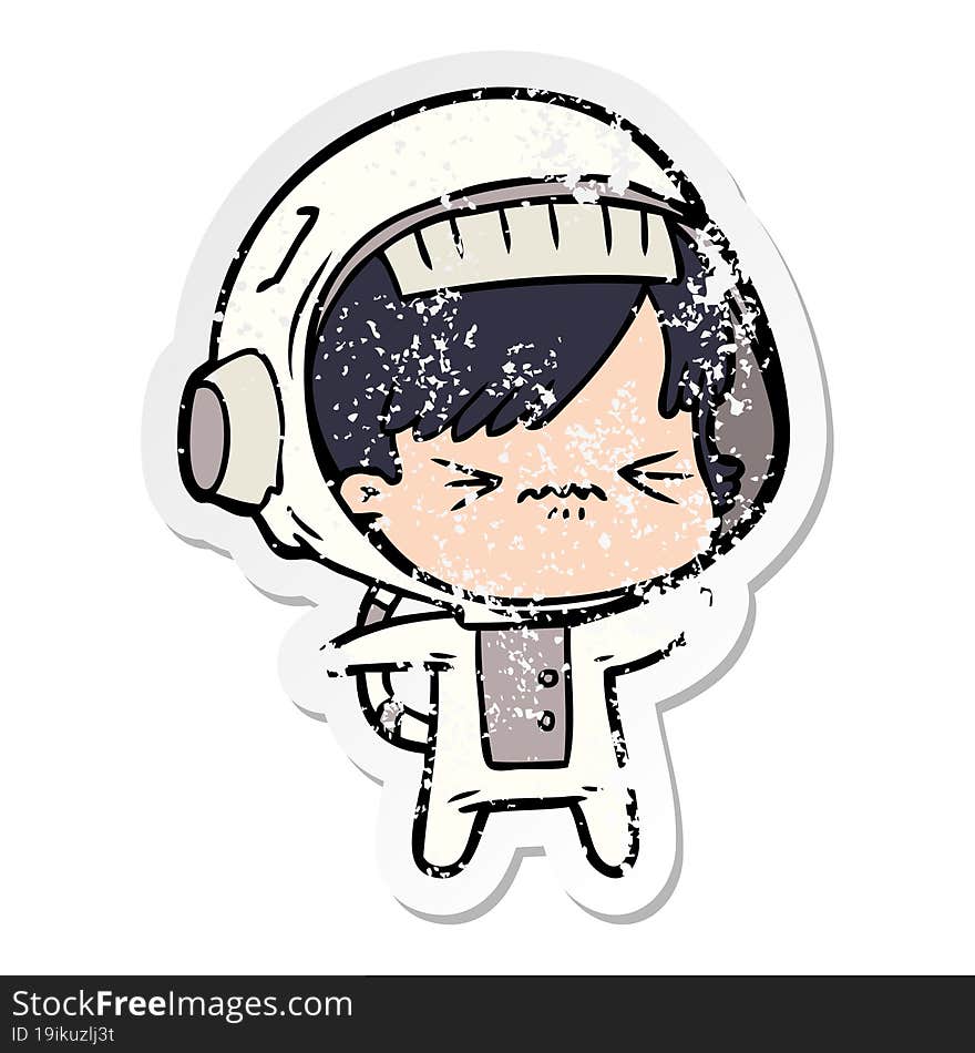 distressed sticker of a cartoon astronaut woman