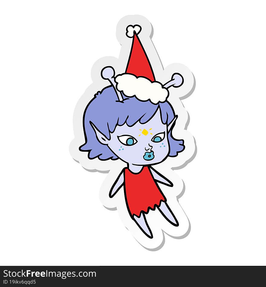 pretty sticker cartoon of a alien girl wearing santa hat