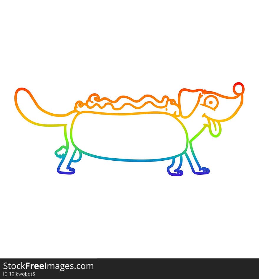 rainbow gradient line drawing of a cartoon hotdog