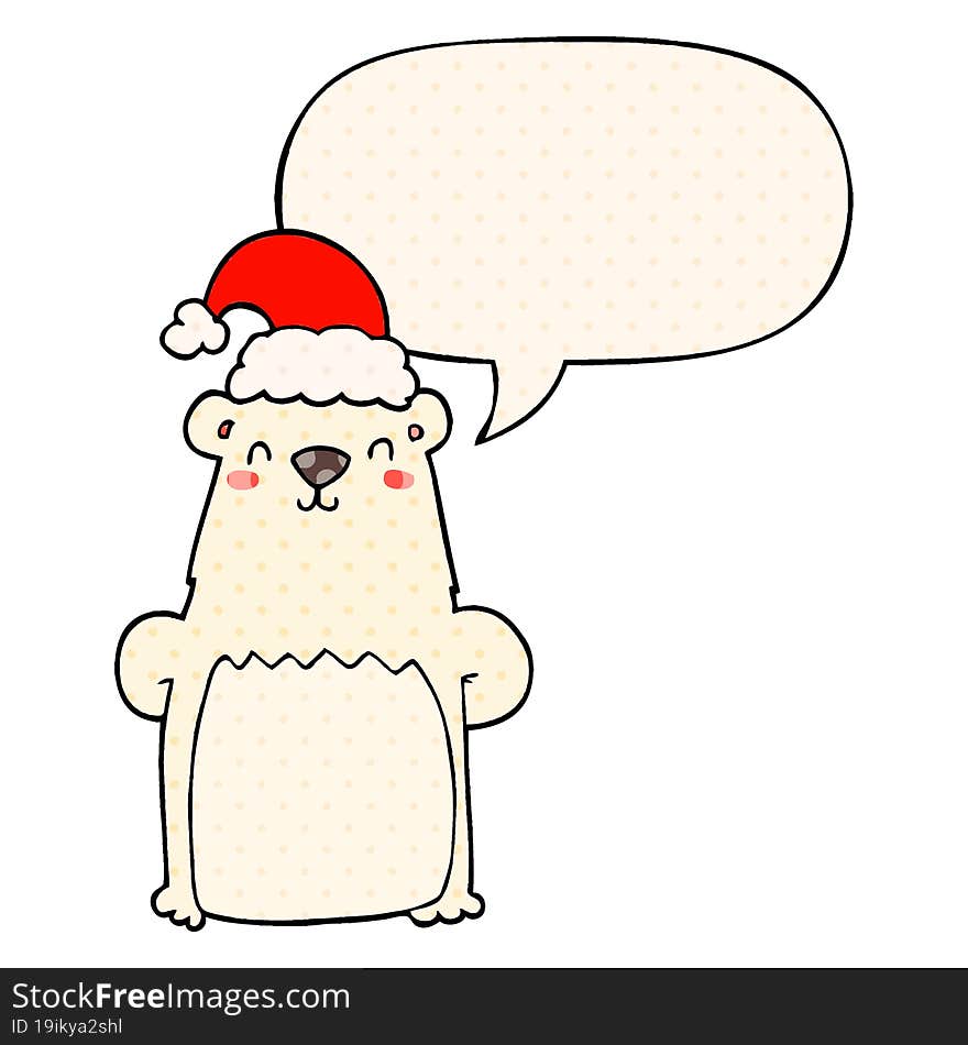 cartoon bear wearing christmas hat and speech bubble in comic book style