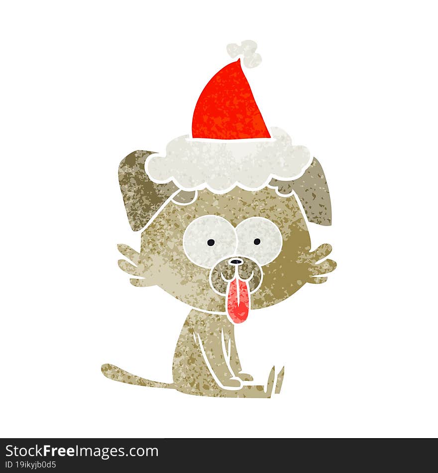 retro cartoon of a sitting dog with tongue sticking out wearing santa hat