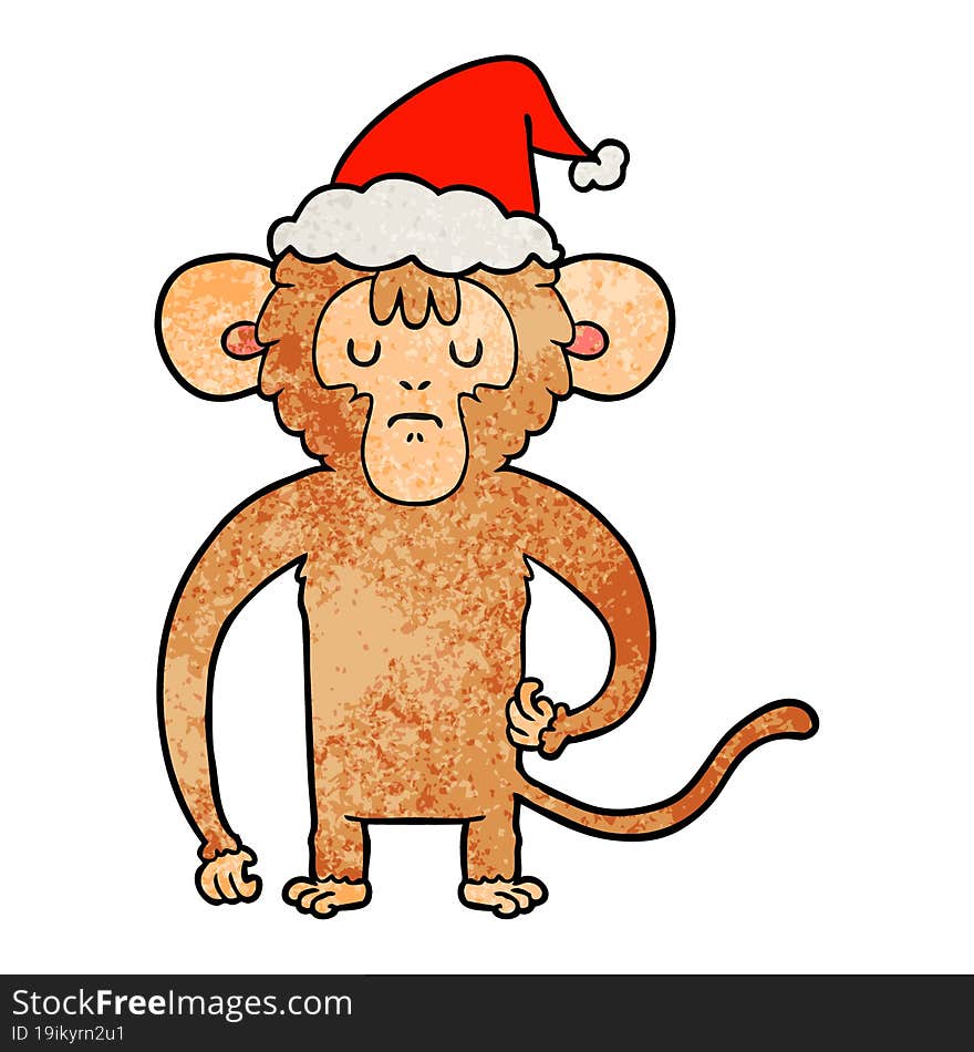 hand drawn textured cartoon of a monkey scratching wearing santa hat