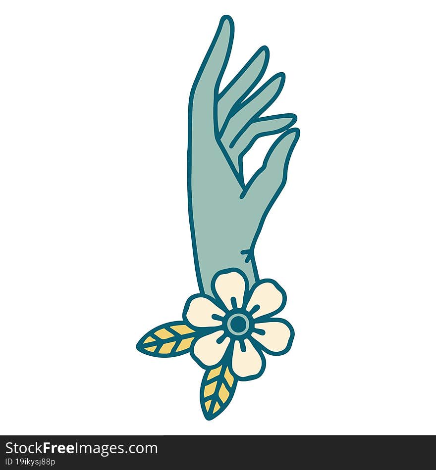 tattoo style icon of a hand and flower