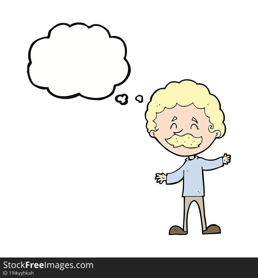 cartoon happy man with mustache with thought bubble