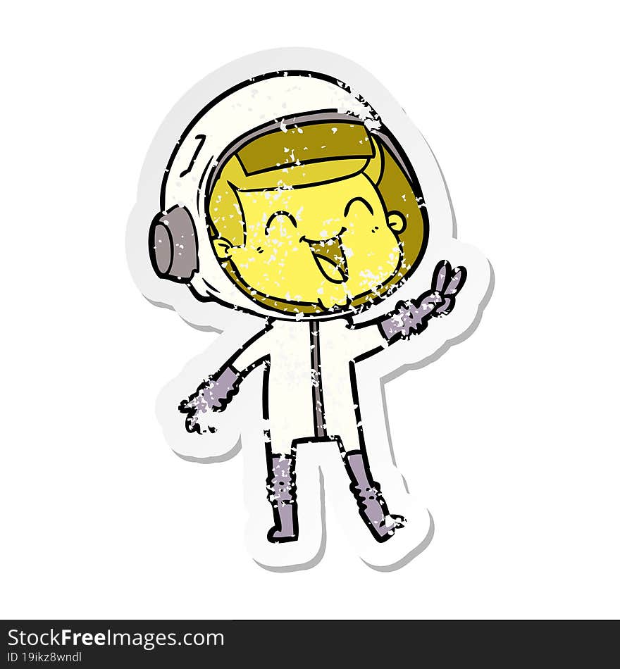 distressed sticker of a happy cartoon astronaut