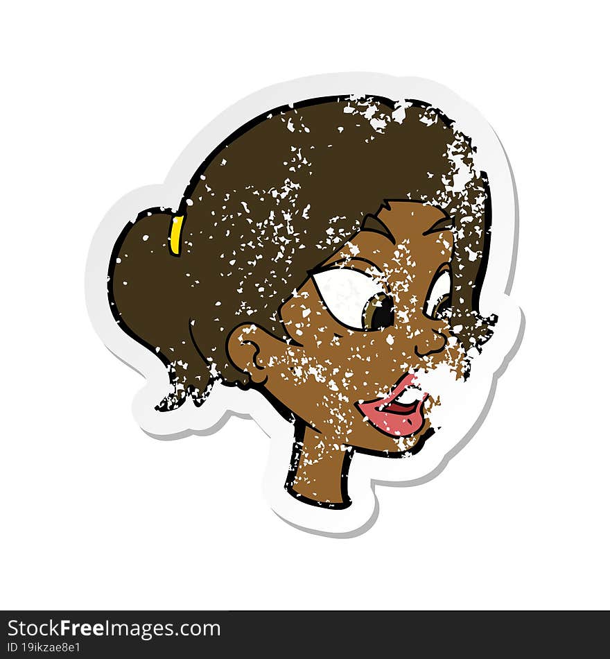 retro distressed sticker of a cartoon friendly woman