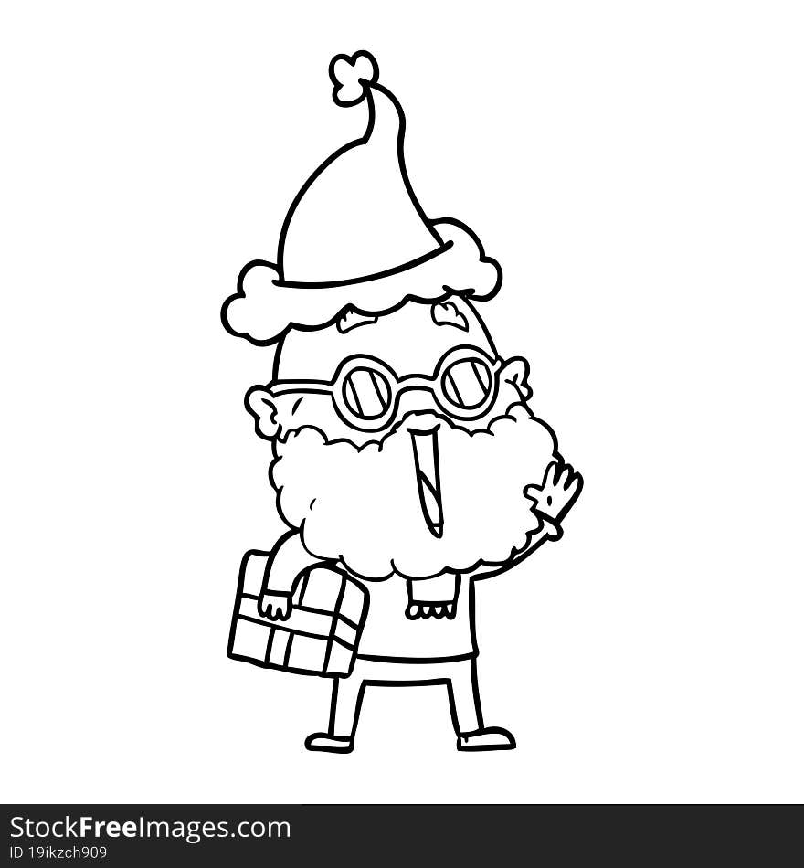 line drawing of a joyful man with beard and parcel under arm wearing santa hat