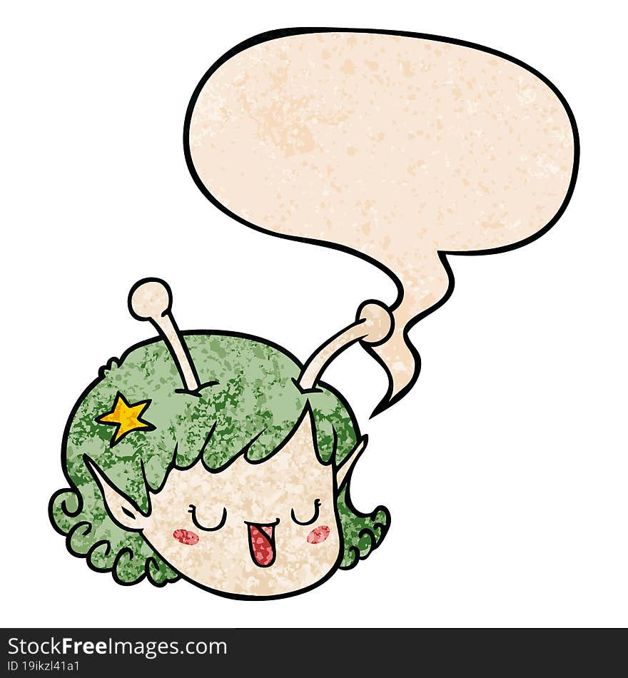 cartoon alien space girl face and speech bubble in retro texture style