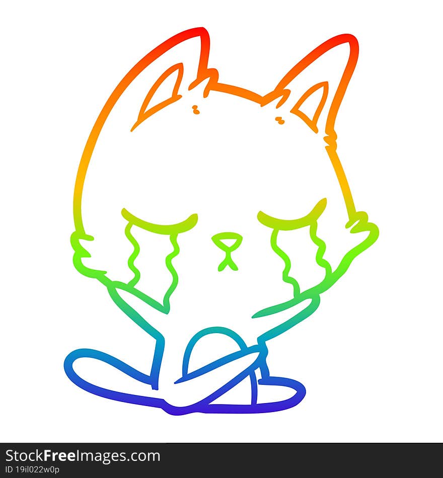 rainbow gradient line drawing of a crying cartoon cat