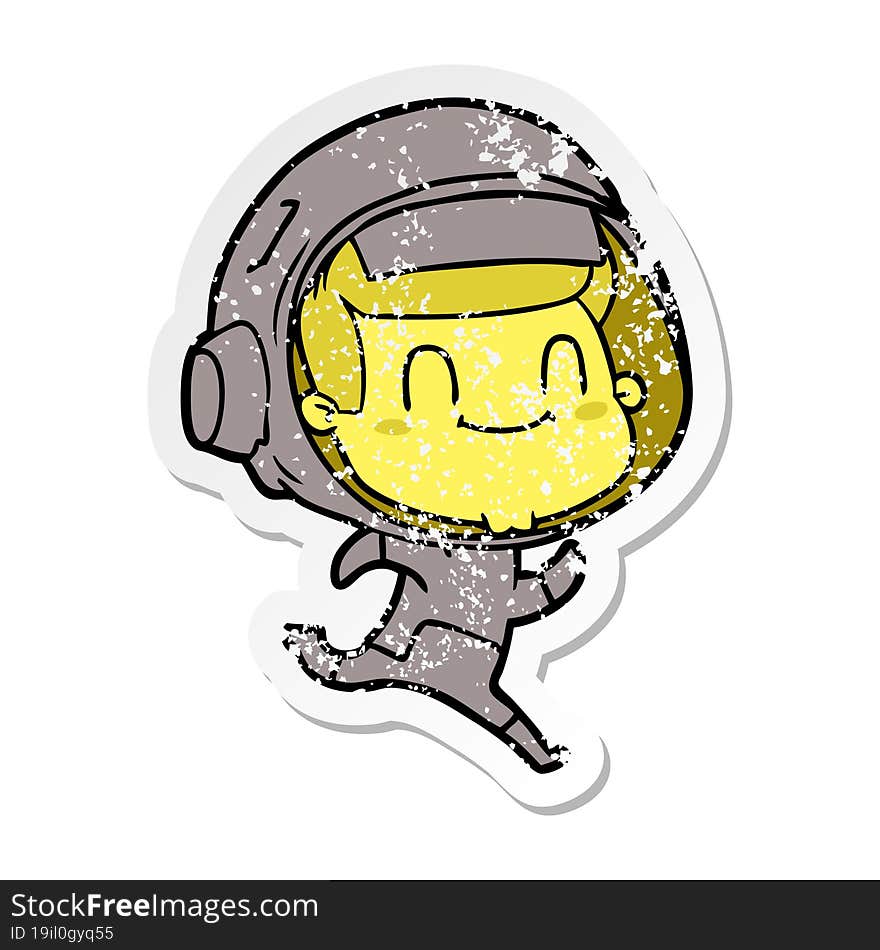 distressed sticker of a happy cartoon astronaut man