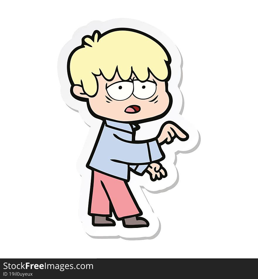 sticker of a cartoon exhausted boy