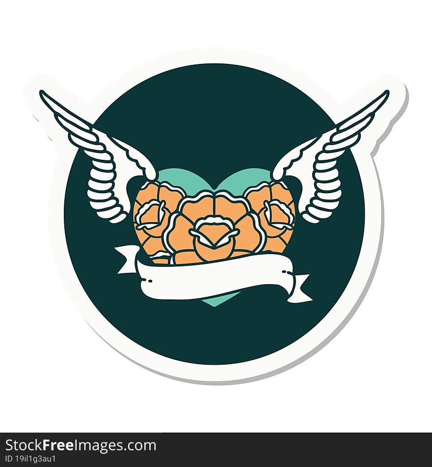 Tattoo Style Sticker Of A Flying Heart With Flowers And Banner