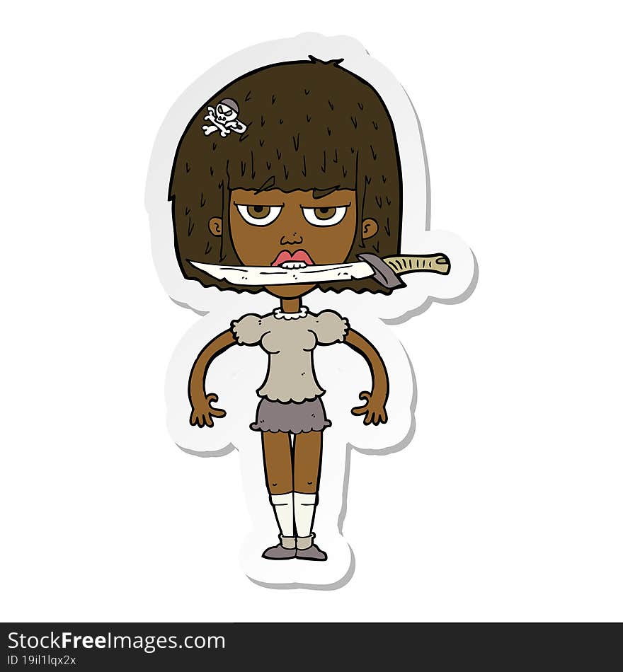 sticker of a cartoon woman with knife between teeth