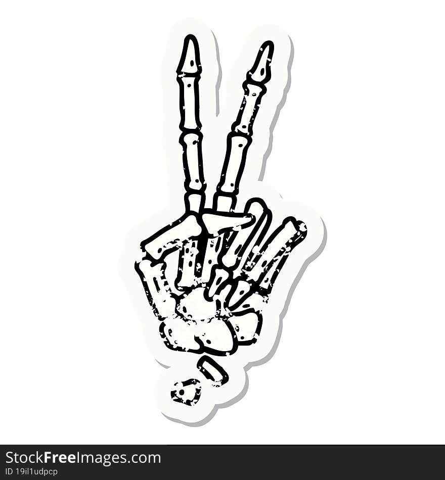 distressed sticker tattoo in traditional style of a skeleton giving a peace sign. distressed sticker tattoo in traditional style of a skeleton giving a peace sign