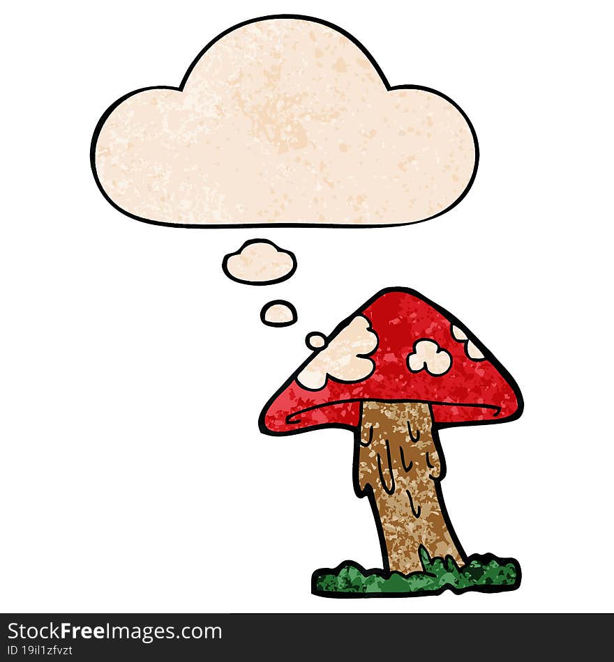 cartoon mushroom and thought bubble in grunge texture pattern style