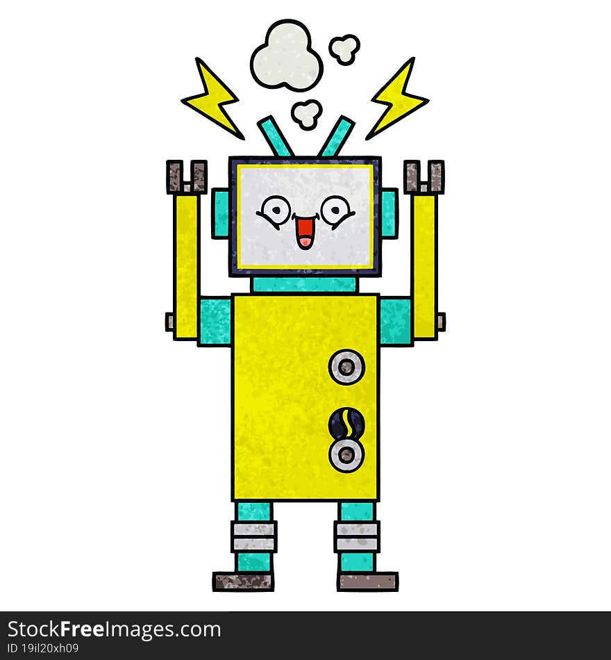 retro grunge texture cartoon of a happy robot