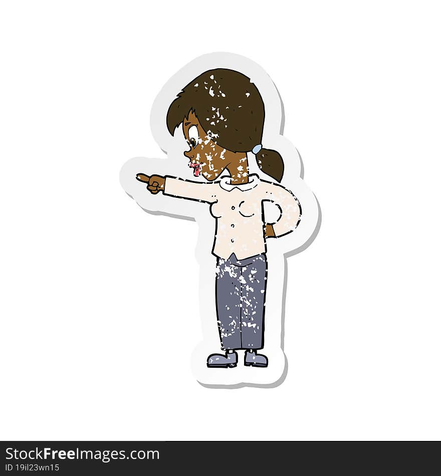 retro distressed sticker of a cartoon enthusiastic woman pointing