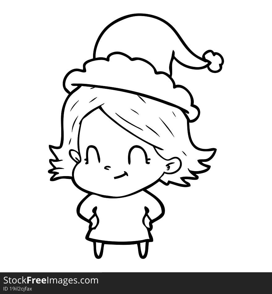 line drawing of a friendly girl wearing santa hat