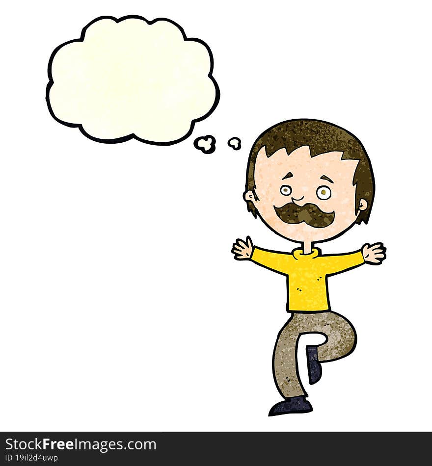 cartoon dancing man with mustache with thought bubble