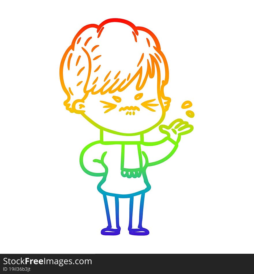 Rainbow Gradient Line Drawing Cartoon Frustrated Woman