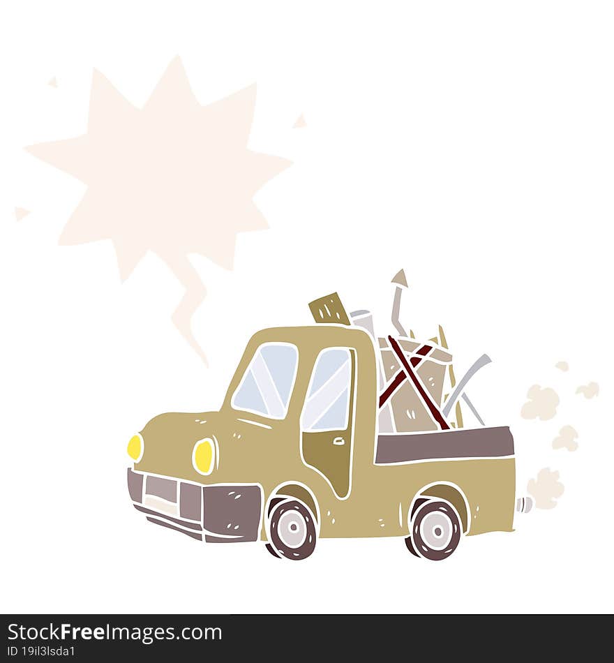 cartoon old truck full of junk with speech bubble in retro style