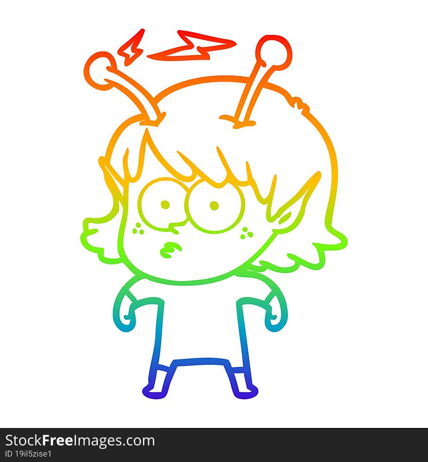 rainbow gradient line drawing of a cartoon alien girl