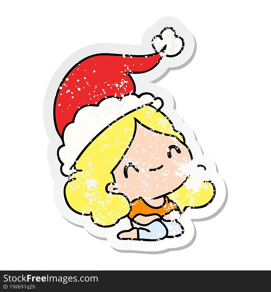 hand drawn christmas distressed sticker cartoon of kawaii girl