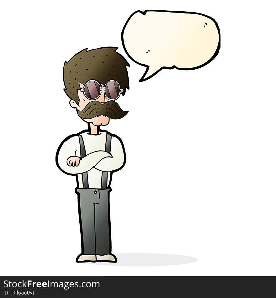 cartoon hipster man with mustache and spectacles with speech bubble