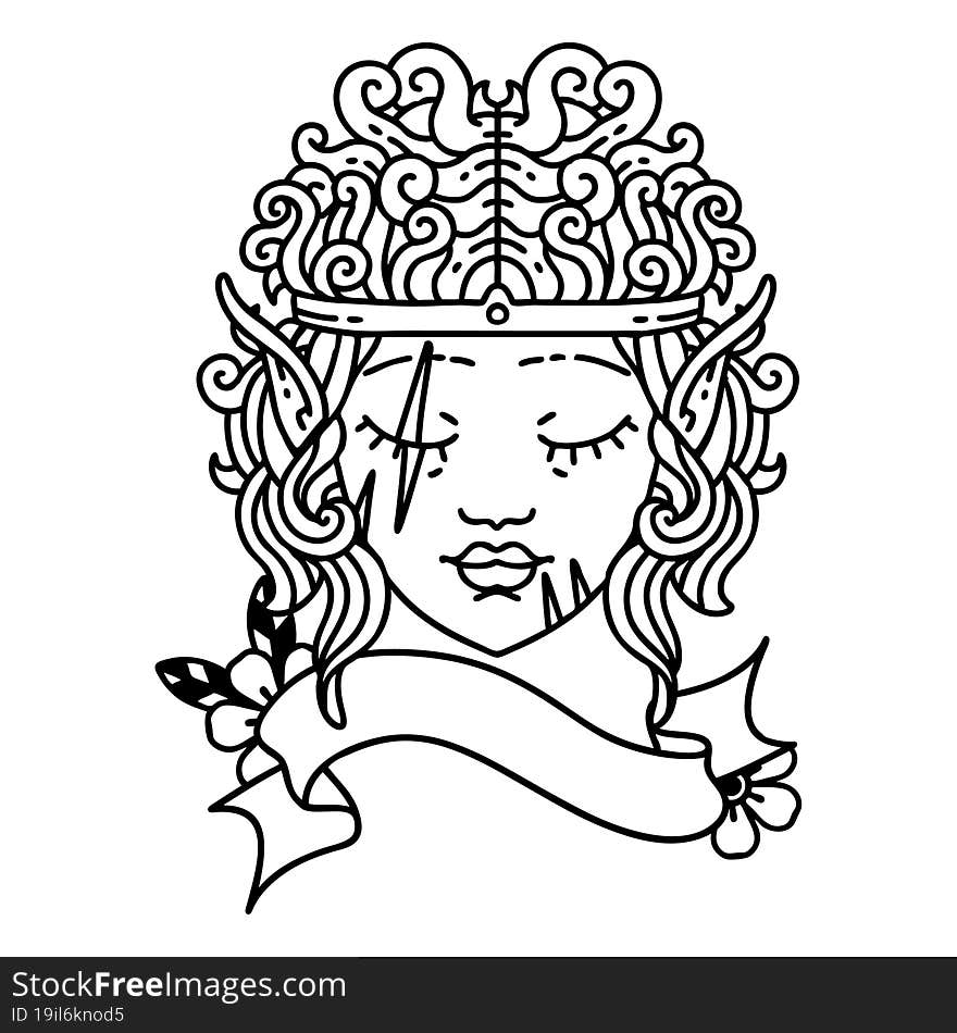 Black and White Tattoo linework Style elf barbarian character face. Black and White Tattoo linework Style elf barbarian character face