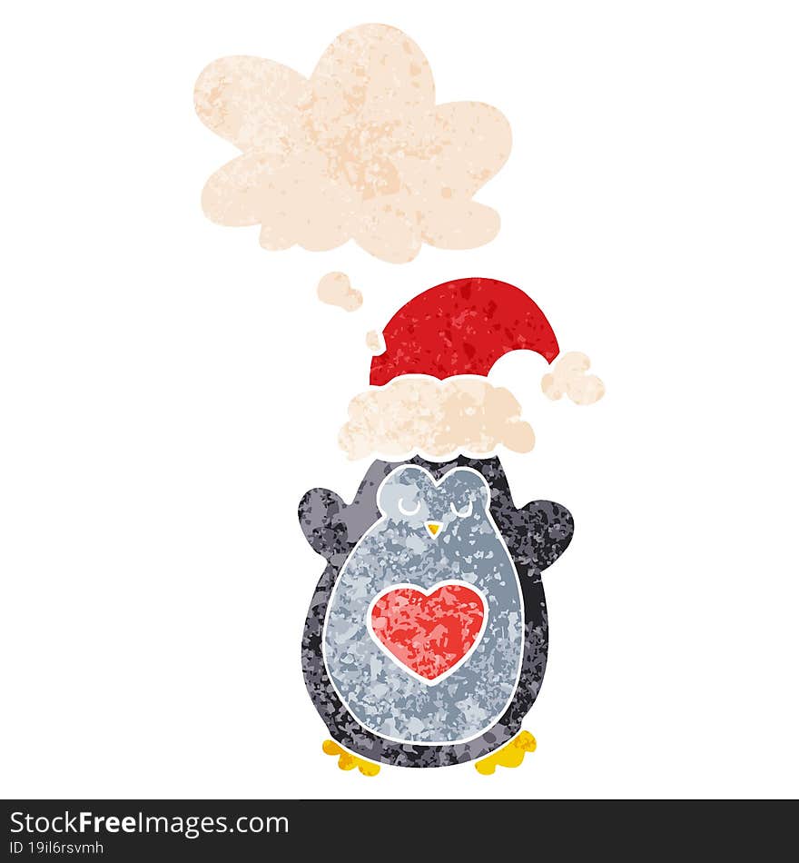 cute christmas penguin and thought bubble in retro textured style