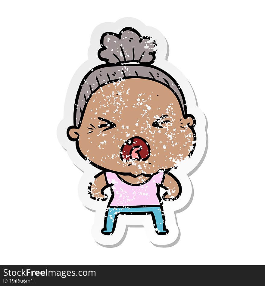 Distressed Sticker Of A Cartoon Angry Old Woman