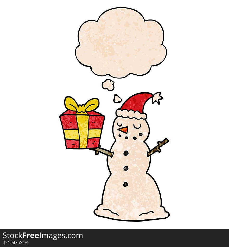 cartoon snowman with present and thought bubble in grunge texture pattern style