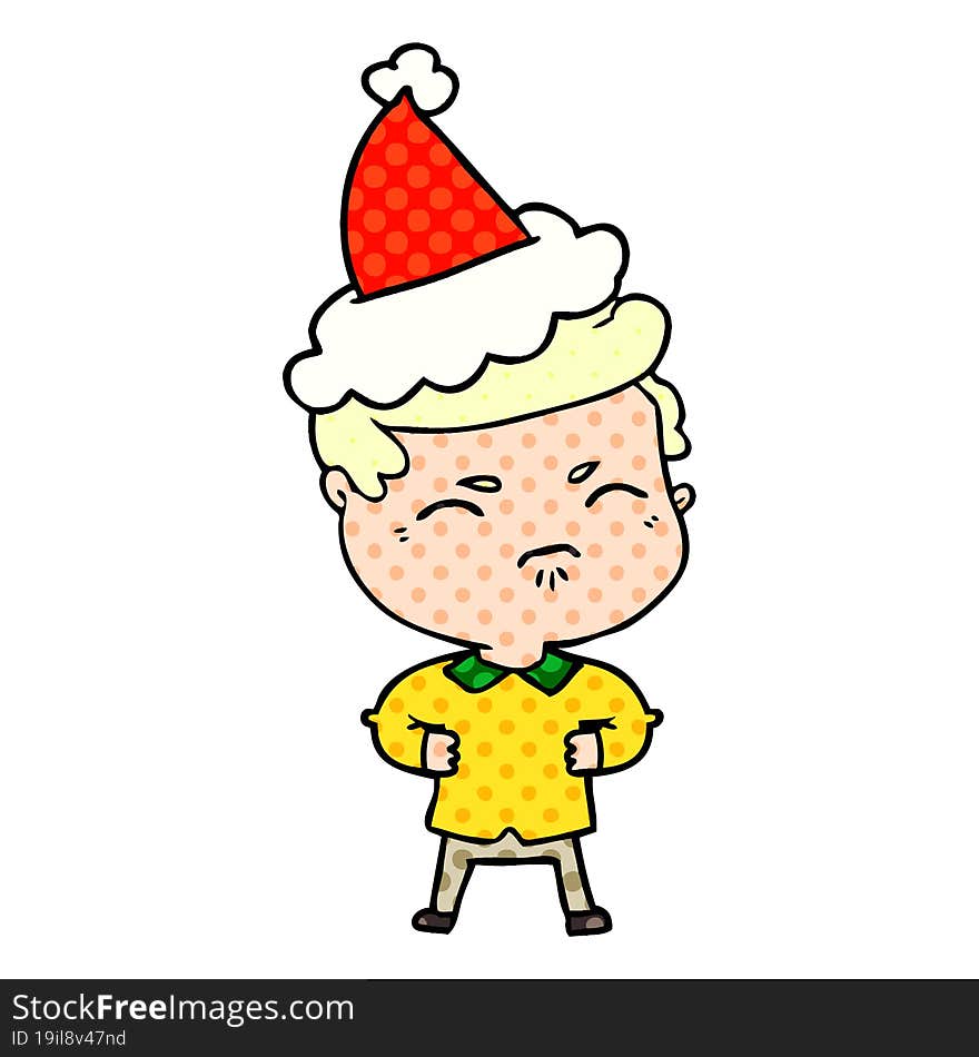 comic book style illustration of a annoyed man wearing santa hat