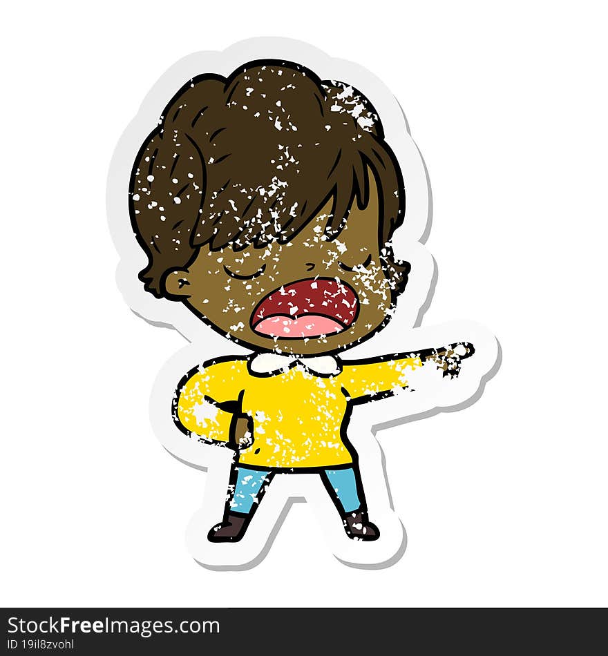 distressed sticker of a cartoon woman talking