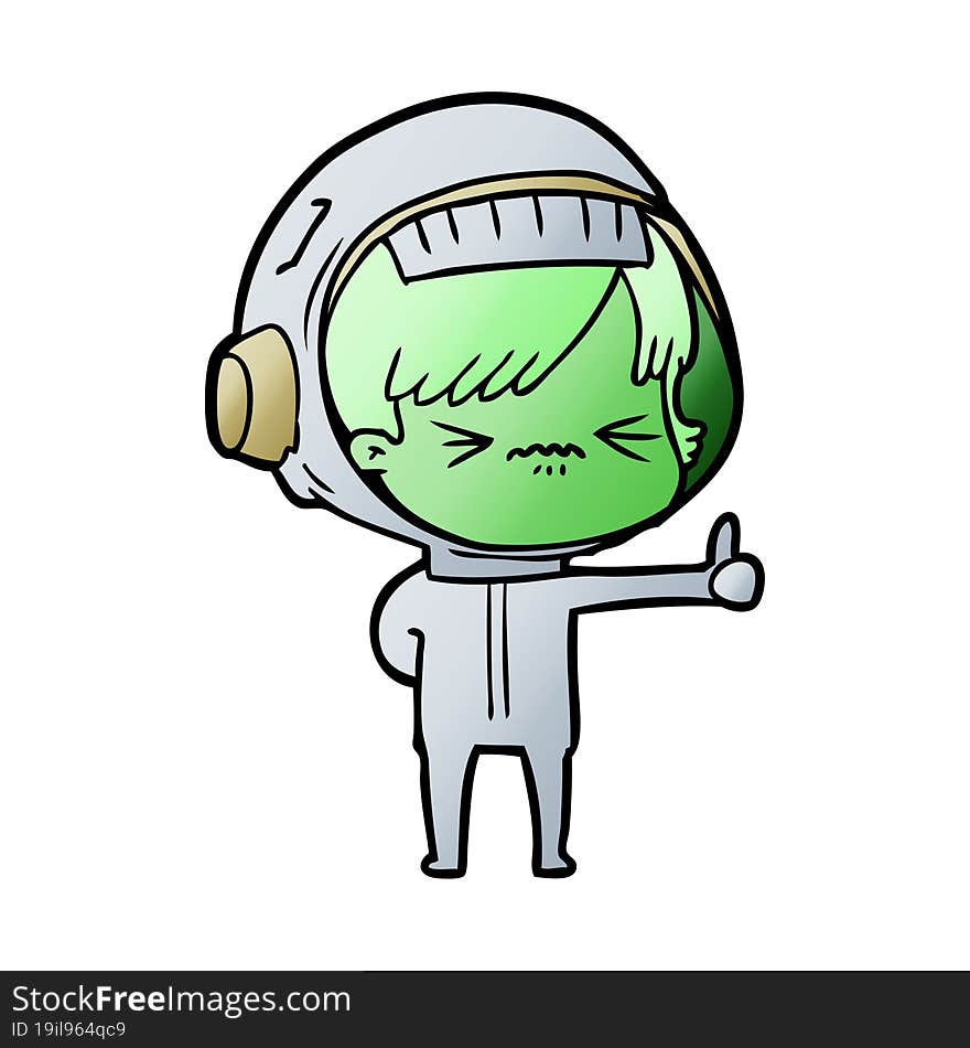 annoyed cartoon space girl giving thumbs up sign. annoyed cartoon space girl giving thumbs up sign