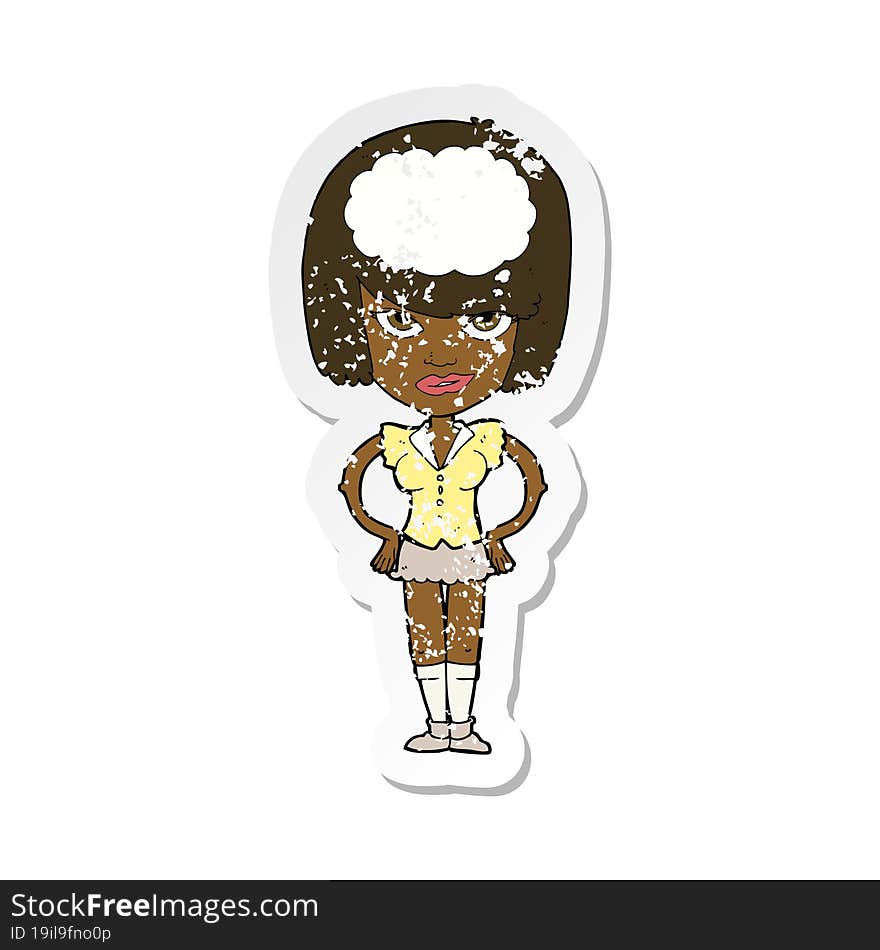 retro distressed sticker of a cartoon woman thinking