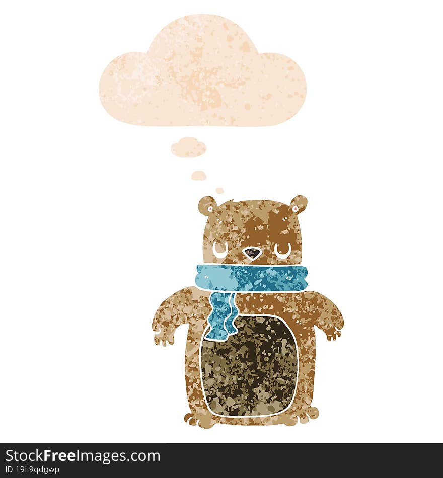 cartoon bear with scarf and thought bubble in retro textured style