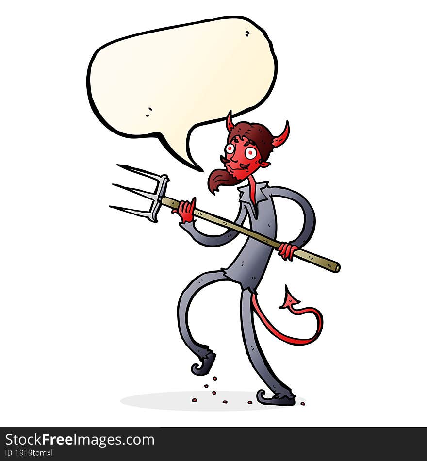 cartoon devil with pitchfork with speech bubble