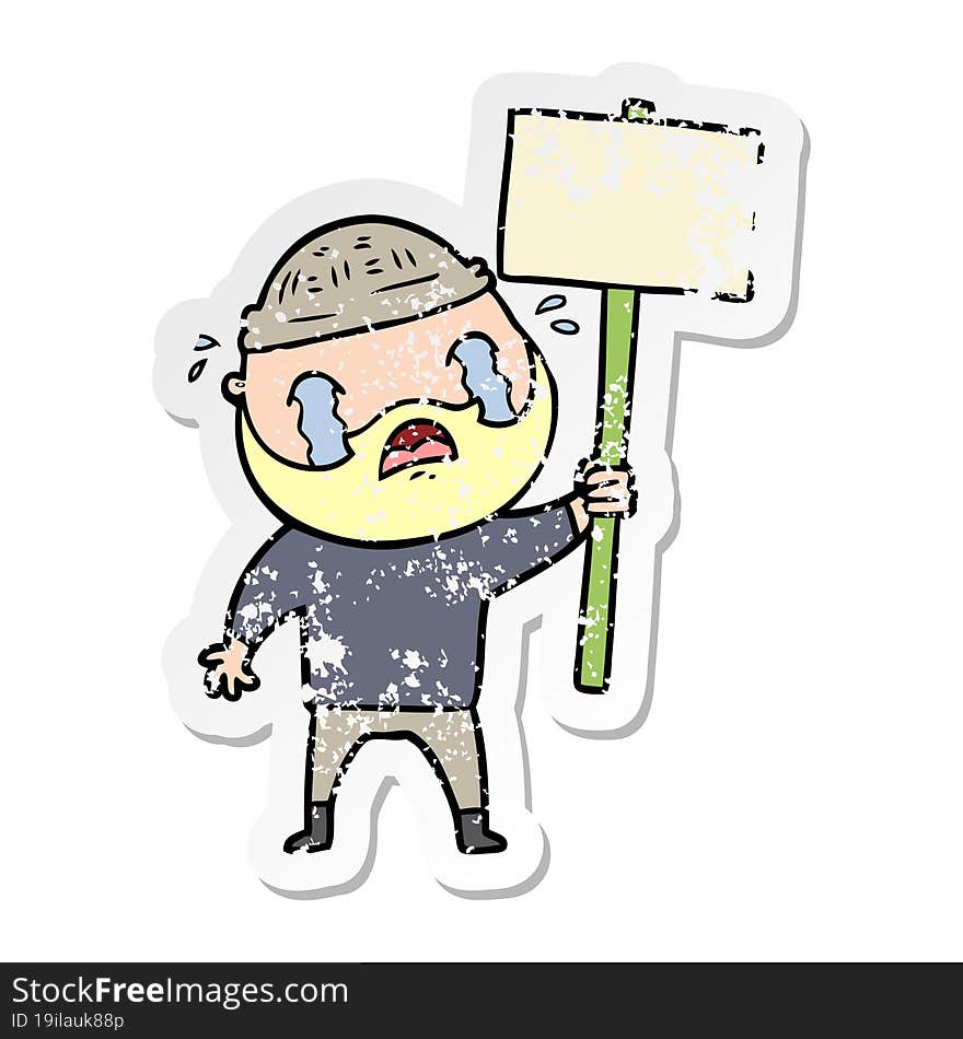 distressed sticker of a cartoon bearded protester crying