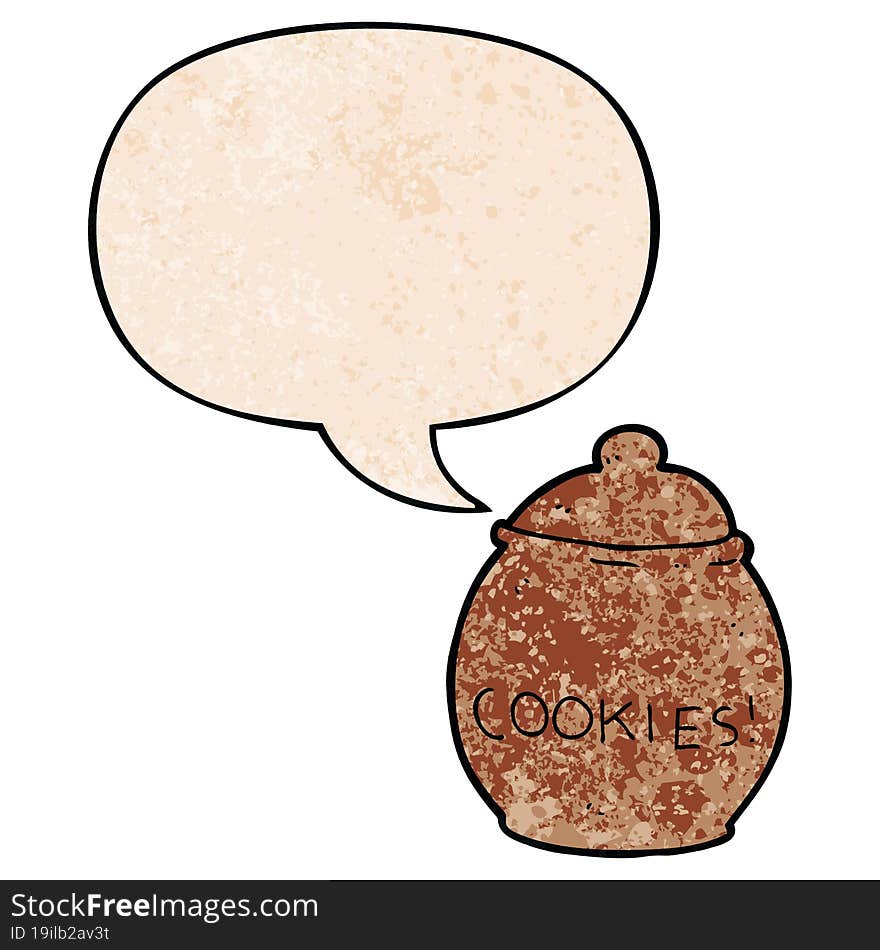 cartoon cookie jar with speech bubble in retro texture style