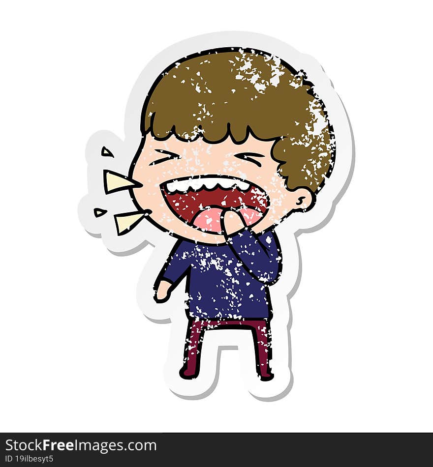 distressed sticker of a cartoon laughing man