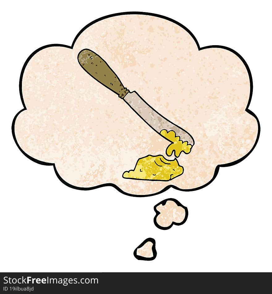 Cartoon Knife Spreading Butter And Thought Bubble In Grunge Texture Pattern Style